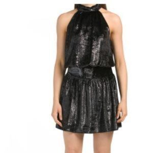 Ramy Brook Ellin Shimmer Velvet Halter Black Cocktail Mini Dress Size L